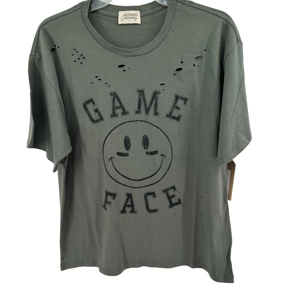 Refined Canvas Game‎ Face Distressed Graphic Tee Olive Green Grunge Streetwear S